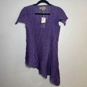 Zuza Bart Purple 100% Linen Asymmetrical Knit Tunic Top Short Sleeve Poland Med